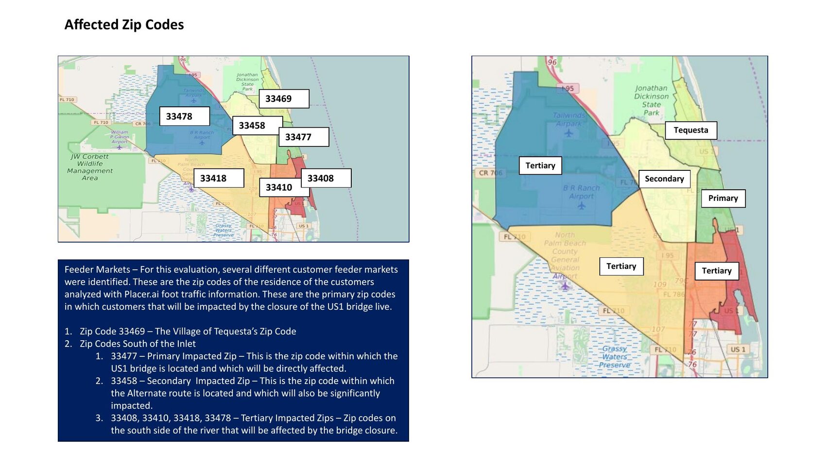 Affected zip-code map — southern feeder markets tiered Primary / Secondary / Tertiary by how FDOT's US-1 bridge closure would sever access to the Village. BusinessFlare® / Placer.ai.
